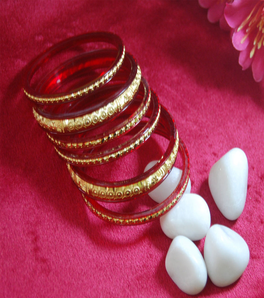 Red Fibre Bangles with Gold Plated and carved work set of 6