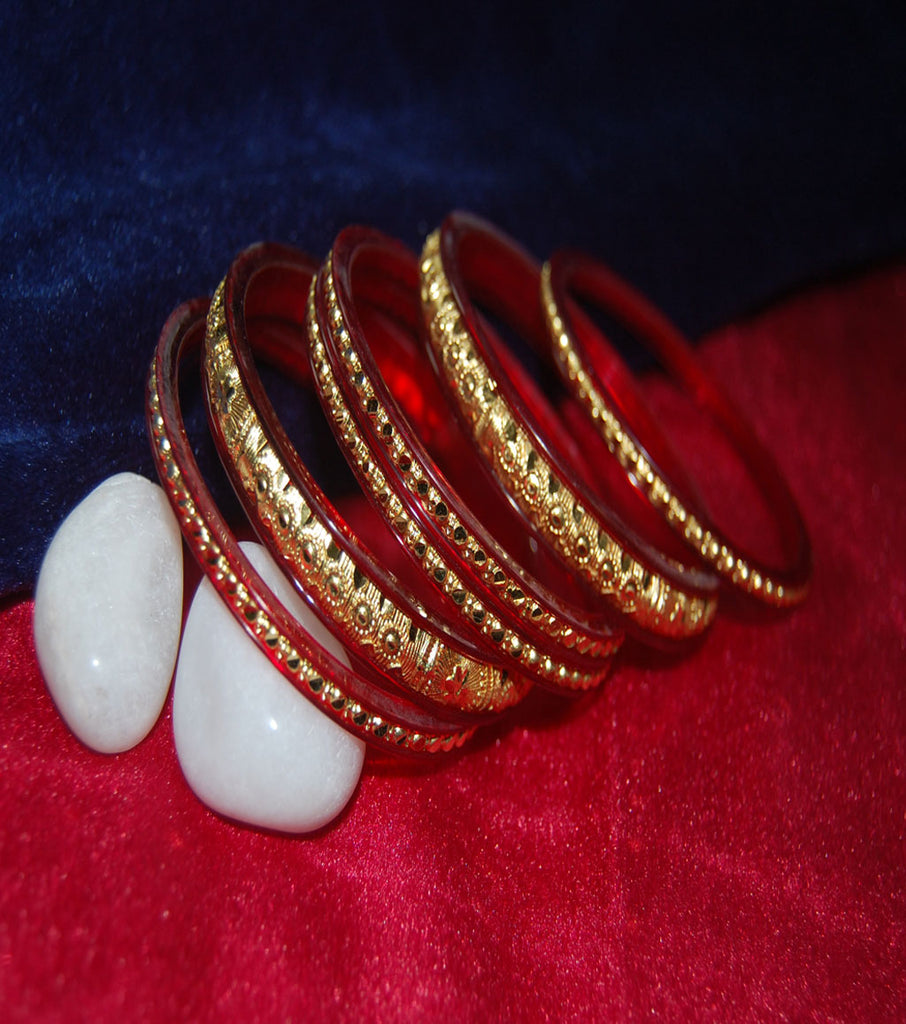 Red Fibre Bangles with Gold Plated and carved work set of 6