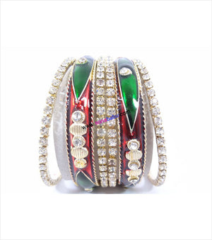 Green and maroon stone beaded bangles set of 6