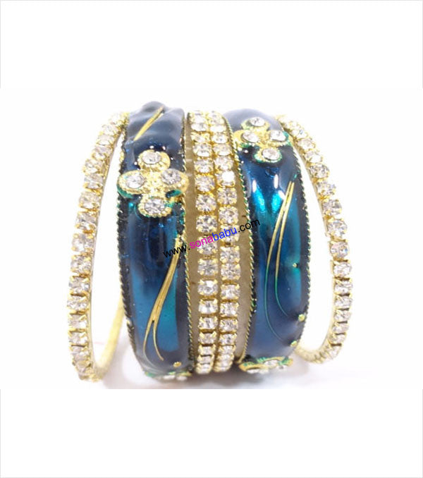 Ferozi coloured stone beaded bangles set of 6